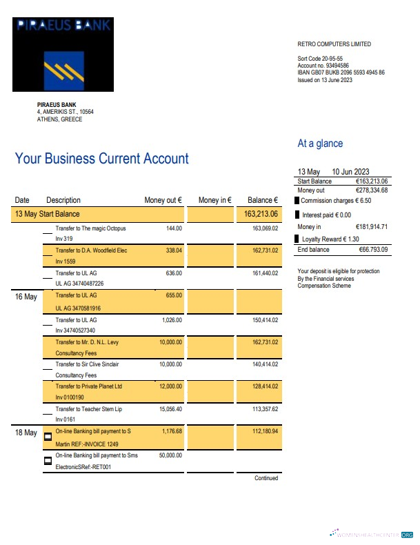 Download Piraeus Bank Business statement Word and PDF template Photoshop template